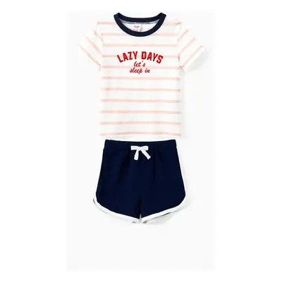 Family Matching Pajamas Sets Preppy Style Striped Slogan Print Crew Neck Top and Navy Blue Draws