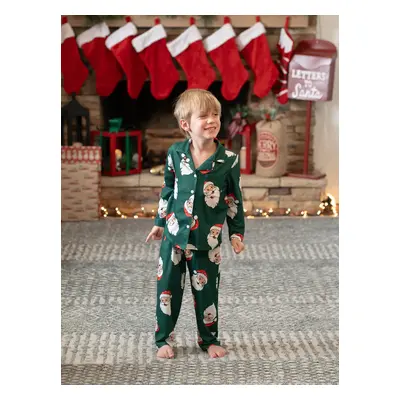 Christmas Family Matching Dark Green Allover Santa Pattern Lapel Pajamas Sets with Drawstring an