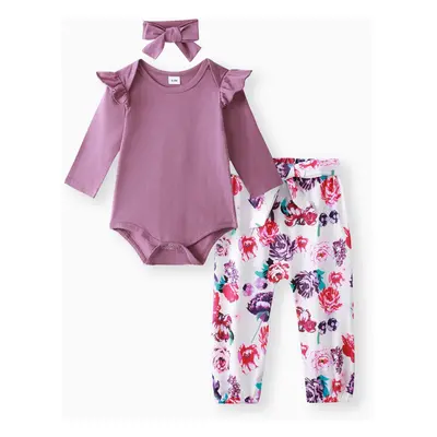 3pcs Baby Girl 95% Cotton Ruffle Long-sleeve Romper and Floral Print Pants with Headband Set