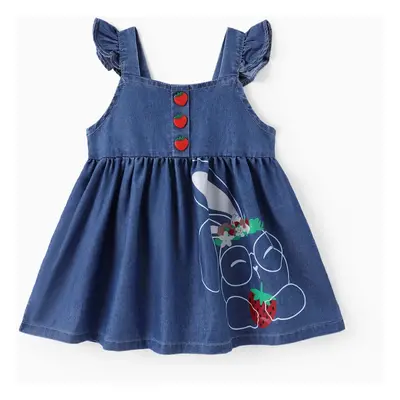 Baby Girl Cooling Denim Rabbit Print Flutter-sleeve Button Dress