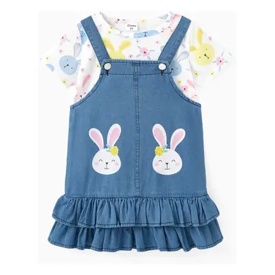 Sweet 2pcs Toddler Girl Dress Set with Ruffle Edge and Cute Rabbit Print