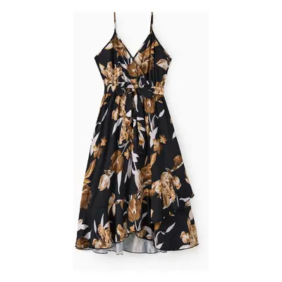 Family Matching Sets Black Floral Shirt or V Neck Irregular Hem Ruffle Trim Strap Dress with Hid