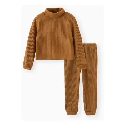 2pcs Toddler Girl Solid Color Ribbed Turtleneck Long-sleeve Tee and Elasticized Pants Set