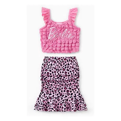 Barbie Mommy and Me Logo Embroidered Textured Fabric Tank Top and Allover Leopard Print Skirt Se