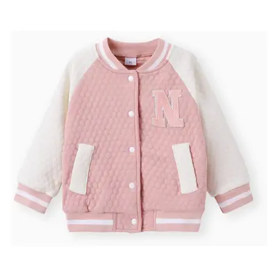 Toddler Girl 100% Cotton Letter Embroidered Textured Striped Button Design Bomber Jacket