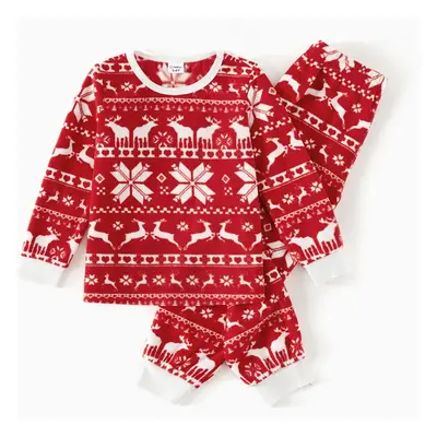 Christmas Family Matching Long-sleeve Allover Deer & Snowflake Print Red Thickened Polar Fleece 