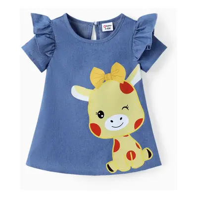 Baby Girl Cute Cat Print Ruffled Short-sleeve Dress