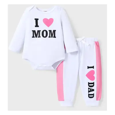 2pcs Baby Girl Love Heart and Letter Print Long-sleeve Romper with Trousers Set