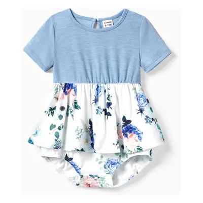 Family Matching Floral Colorblock T-Shirt and Quarter Button Belted Spliced A-Line Dress Sets