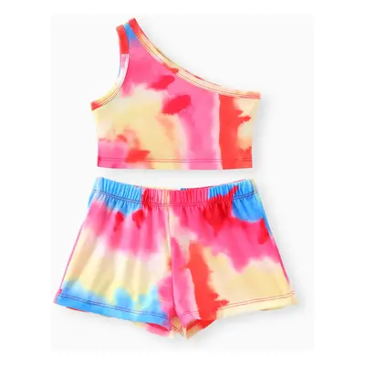 2pcs Toddler Girl Tie Dye One-Shoulder Top and Shorts Set