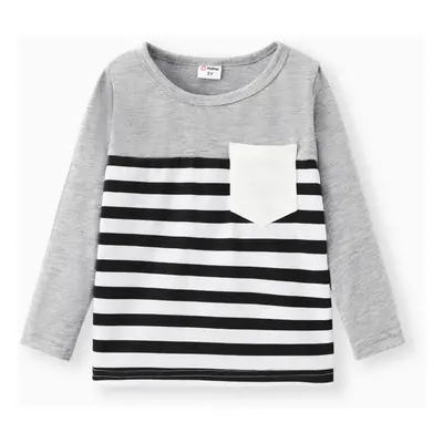 Toddler Boy Stripe Splice Chest Pocket Decor Long-sleeve Tee