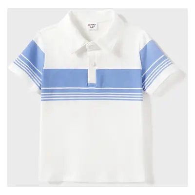 Family Matching Blue Stripe Panel Polo Shirt and Tie Neck Shirred Waist Stripe Strap Dress Sets