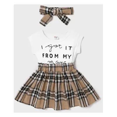 2pcs Baby Girl Short-sleeve Letter Print Spliced Plaid Dress & Headband Set