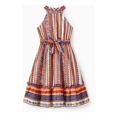 Mommy and Me Vertical Stripe Boho Style Ruffle Hem Dress