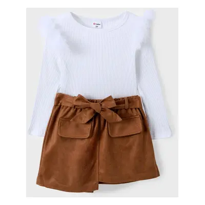 Toddler Girl 3pcs Long Sleeve Top and Irregular Skirt with Belt Set