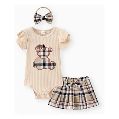 Baby Girl 3pcs Bear Style Embroidered Ruffled Romper and Plaid Skirt with Headband Set