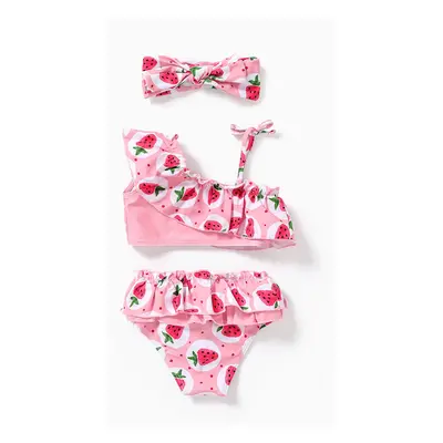 3pcs Baby Girl Watermelon Print Ruffle Trim Swimwear Set