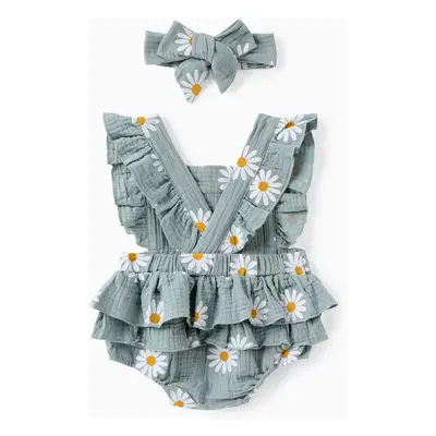 100% Cotton 2pcs Daisy Print Crepe Fabric Baby Romper Set