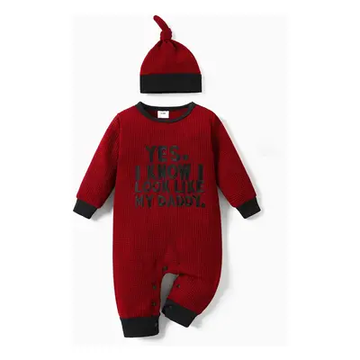 2pcs Baby Boy/Girl Letter Embroidered Long-sleeve Knitted Jumpsuit with Hat Set