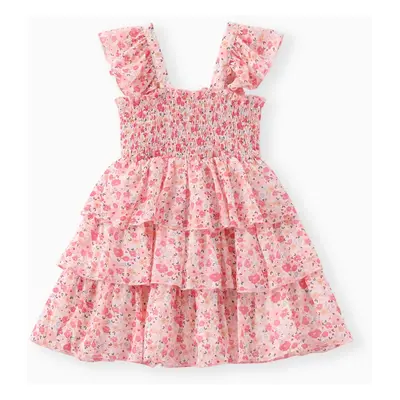 Toddler Girl Sweet Floral Print Smocked Ruffled Sleeveless Dress