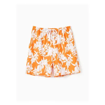 Family Matching Orange Floral Drawstring Swim Trunks or Cross Front Drawstring Sides One-Piece S