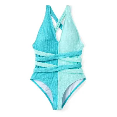 Family Matching Colorblock Textured Self-tie One-Piece Swimsuit and Allover Palm Leaf Print Swim