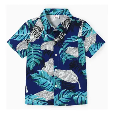 Family Matching Feather and Leaf Pattern Wrap Strap Dress and Beach Shirt Sets