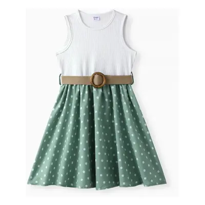 2pcs Kid Girl Polka dots Ribbed Splice Sleeveless Dress & Belt