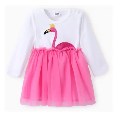 Baby Girl Flamingo Embroidered Mesh Splice Dress