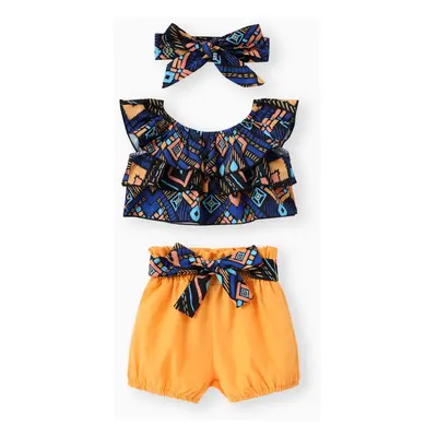 Sweet 4pcs Baby Girl Set with Geometric Pattern and Ruffle Edge, Cotton and Polyester Blend