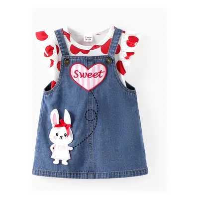 Baby Girl 2pcs Heart Print Tee and Heart Rabbit Embroidery Denim Overall Dress Set