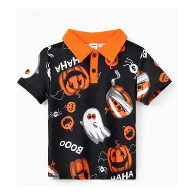 Halloween Family Matching Sets Allover Pumpkin Ghost Spiderweb Pattern Polo Shirt or Ruched Slee