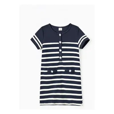 Family Matching Sets Preppy Style Cotton Striped Polo Shirt or Henley Neck Button Up H-Line Dres