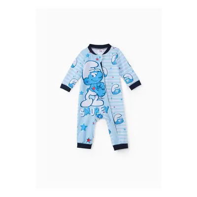 Smurfs Baby Boy Allover Print Striped Zipper Long-sleeve Jumpsuit