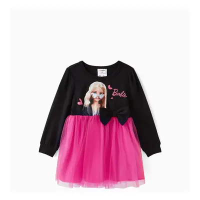 Barbie Toddler Girl Figure Print Bow Decor Long-sleeve Mesh Panel Fairy Dress