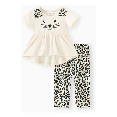 2pcs Baby Girl Cat Print Ruffle Hem Short-sleeve Top and Leopard Pants Set