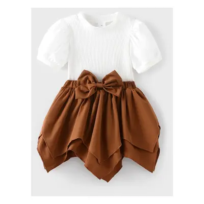 2pcs Toddler Girl Sweet Puff-sleeve Tee and Irregular Hem Skirt Set