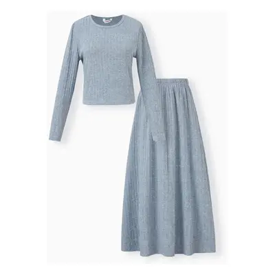 Mommy and Me Co-ord Sets Ribbed Long Sleeve Top and Pleated Maxi Skirt