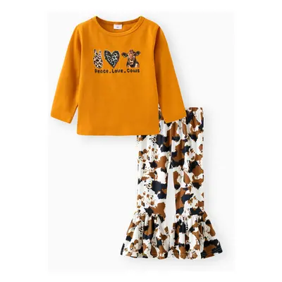 2-piece Toddler Girl Leopard Animal Print Long-sleeve Tee and Flared Pants Set