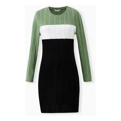 Family Matching Sets Green Color Block Long Sleeves Ribbed Tops/Dress/Romper