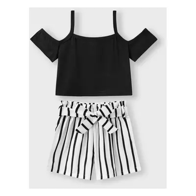 2Pcs Kid Girl Cold Shoulder Camisole & Belted Stripe Shorts Set