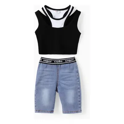 Toddler Girl 2pcs Faux-two Tank Top and Cooling Denim Shorts Set