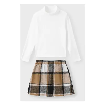 2pcs Kid Girl Turtleneck Long-sleeve Black Tee and Plaid Skirt Set