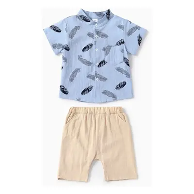 2pcs Toddler Boy Vacation Feather Print Shirt and Shorts Set