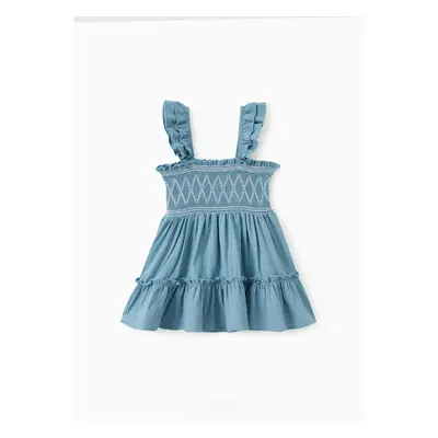 Family Matching Sets Solid Color Shirt or Shirred Top Geometric Design Ruffle Hem Strap Dress