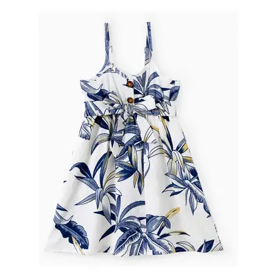 Family Matching Sets Plant Floral Shirt or Drawstring Front Halter Strap A-Line Dress