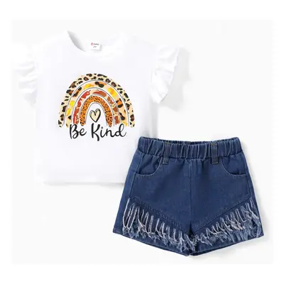 Toddler Girl 2pcs Rainbow Flutter Sleeve Top and Denim Tassel Shorts Set