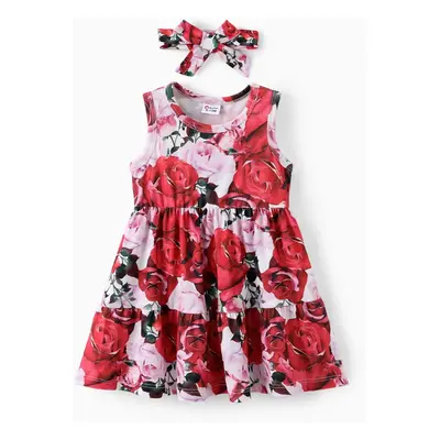 Baby Girl Floral Print Double Layered Dress with Headband