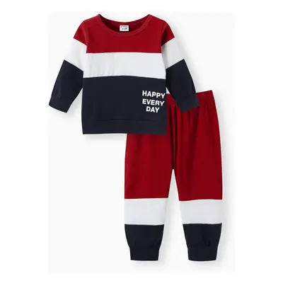 2pcs Baby Boy 95% Cotton Long-sleeve Letter Print Colorblock Sweatshirt and Pants Set