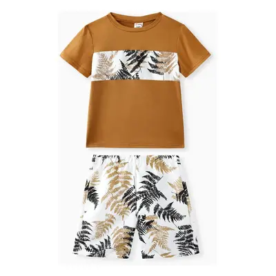 2pcs Kid Boy Tropical Plant Print Short-sleeve Tee and Shorts Set